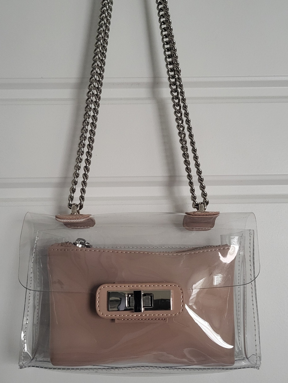 Steve Madden Clear Crossbody with Blush Pink Pouch and Silver Chain
